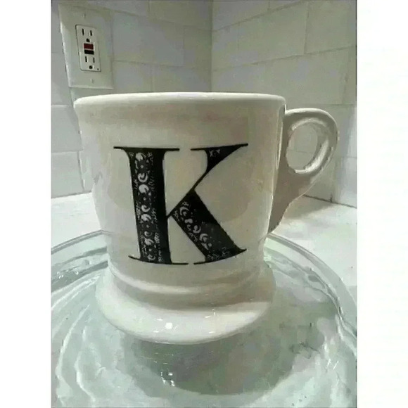 Anthropologie Letter K Initial Coffee Mug White Black Retro Shaving Cup Monogram - Picture 1 of 10